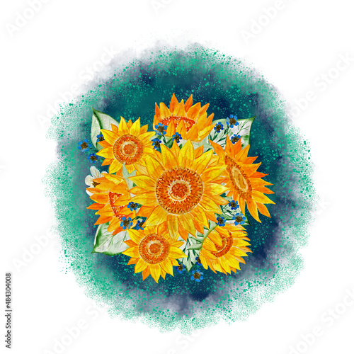 Sunflowers on a bright background. Floral ornament. Drawing for T-shirts. Image for design.
