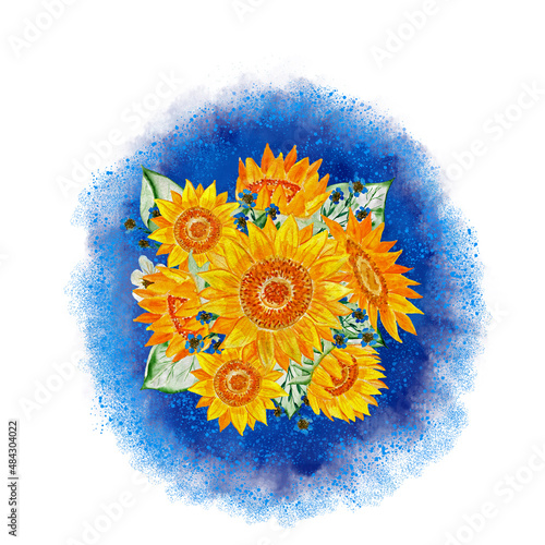 Sunflowers on a bright background. Floral ornament. Drawing for T-shirts. Image for design.