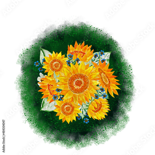 Sunflowers on a bright background. Floral ornament. Drawing for T-shirts. Image for design.