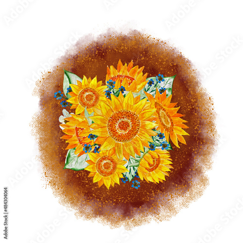 Sunflowers on a bright background. Floral ornament. Drawing for T-shirts. Image for design.