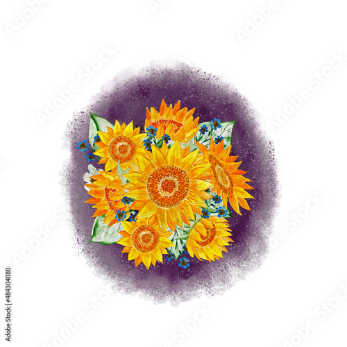 Sunflowers on a bright background. Floral ornament. Drawing for T-shirts. Image for design.