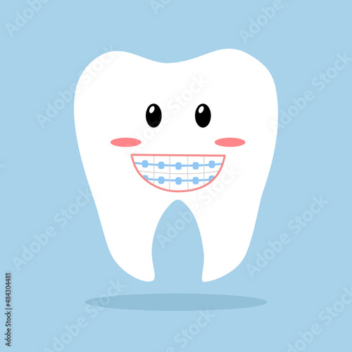 Cute tooth with orthodontic bracket cartoon character in flat design. Dental orthodontic treatment.