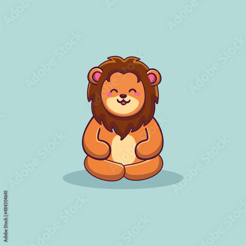Cute lion meditates in a lotus position, animals yoga 