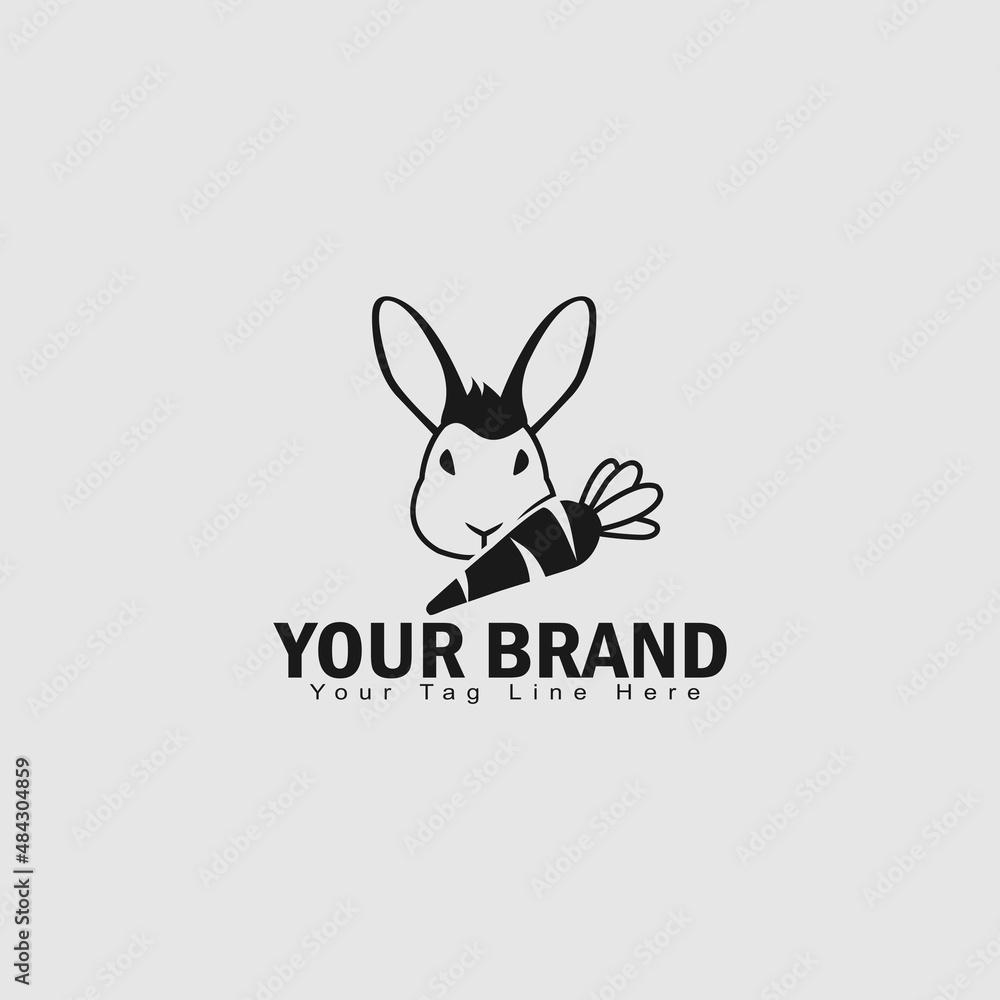 Fototapeta premium Vector illustration of bunny rabbit and carrot logo line art style simple design black outline