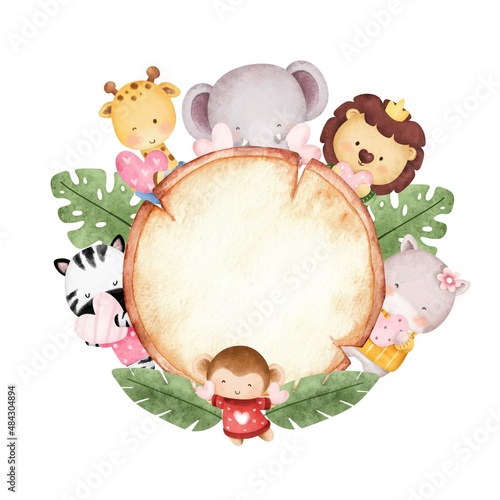 Watercolor cute safari animal with wooden sign template 