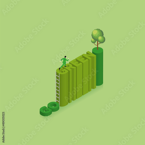 People's lifestyle change and green concept. A man runs aim to target on text GO and climb up to word GREEN by ladder. Aim to a tree at the end. environmental concern, growth, recycle, save the world.