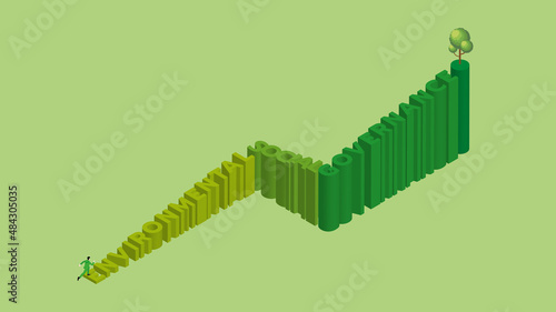 ESG and green concept of environmental concern, Earth day, growing, save the planet, Eco friendly. A man runs and steps up a text word ENVIRONMENTAL SOCIAL and GOVERNANCE with a tree on top of stairs.