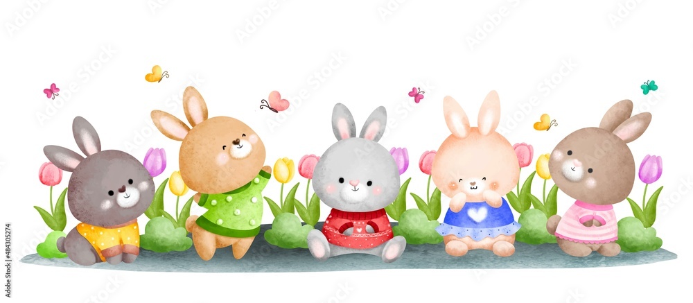 Obraz premium Watercolor rabbit and mushroom in the garden banner background 