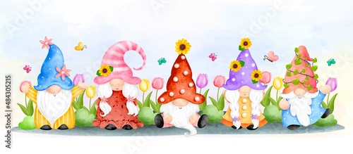 Watercolor spring gnome in the garden banner background  © Stella