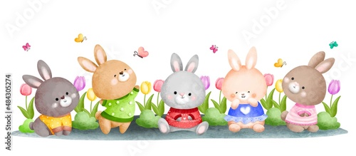 Watercolor rabbit and mushroom in the garden banner background 