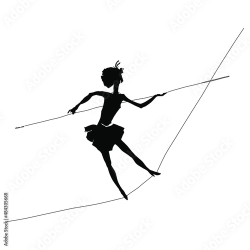 Silhouette of a young girl tightrope walker. Isolated vector illustration. 