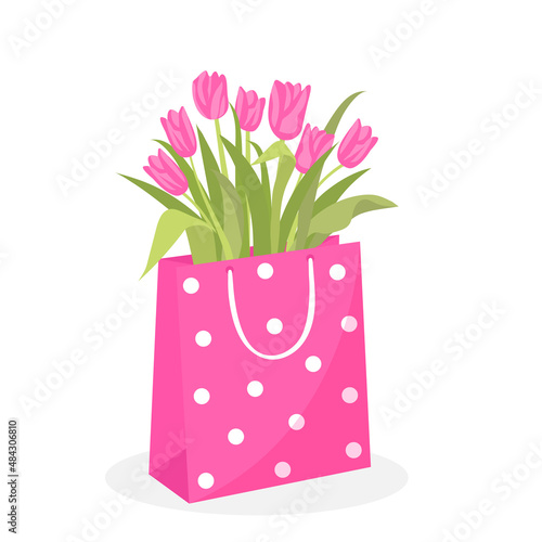 Pink tulips in a package. Floral composition for holiday and celebration. Vector illustration isolated on white background.