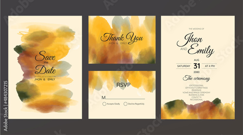 wedding invitation set with watercolor texture abstract theme, simple and luxury	
