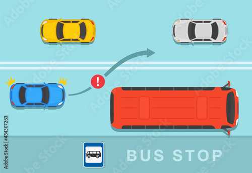 Safety driving and traffic regulating rules. Give way and priority to buses. Do not overtake by passing double solid lines. Flat vector illustration template.
