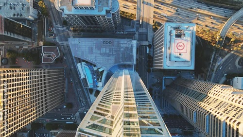 Downtown Los Angeles California Aerial Drone Flying Sunset Night Time 4K