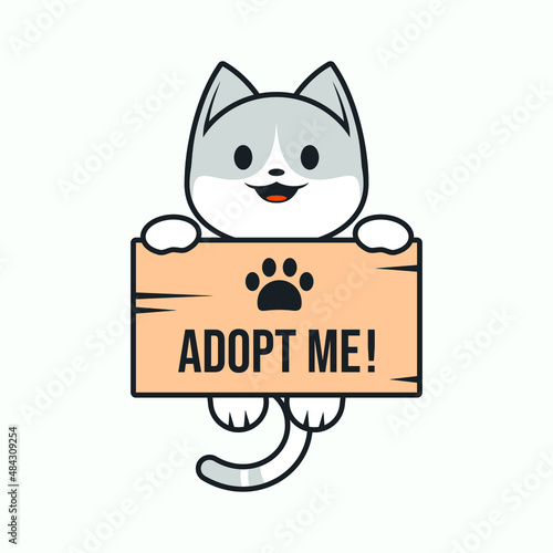 Illustration of a cute cat carrying a sign that says "Adopt Me".