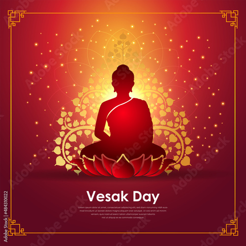Celebration Vesak Day background with shinny Lord Buddha silhouette and floral ornament vector. Vesak Day design with Buddha vector