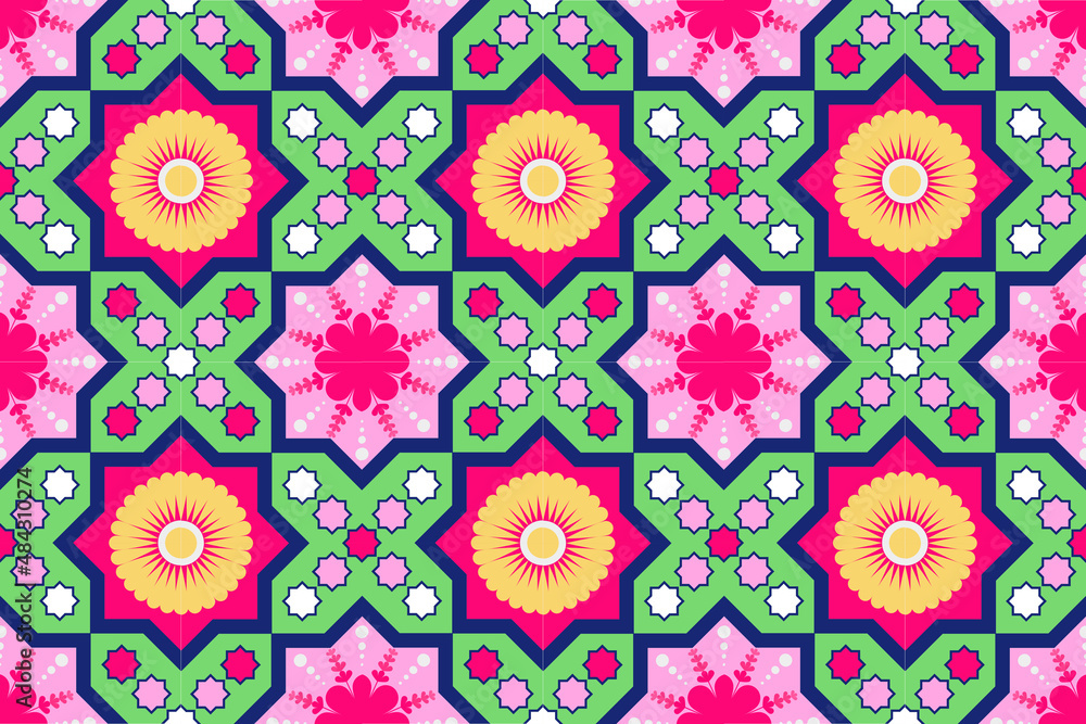 Seamless geometric flower pattern design for decorating, wallpaper, fabric, tile, textile, clothing, carpet,background,backdrop and etc.Vector illustration.