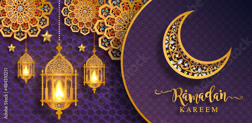 Ramadan Kareem, Ramadhan or Eid mubarak by Muslims greeting background Islamic with gold patterned and crystals on paper color background.( Translation : Ramadan Kareem )