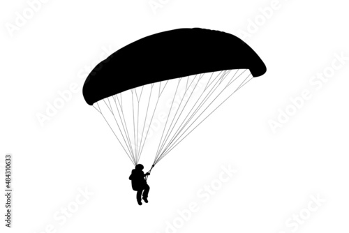 Paragliding man silhouette. Paraglide wing and harness for sky flights. Monochrome vector illustration isolated in white background