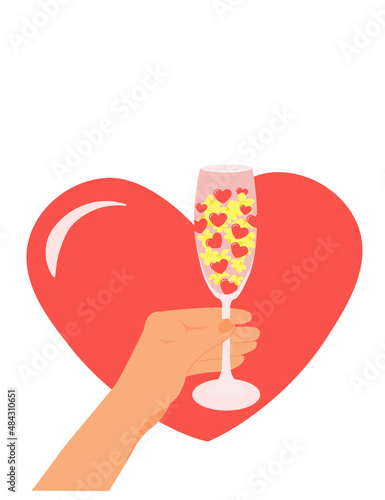 Wine in a glass with hearts. A love potion. The hand holds the champagne. Valentine's Day greeting card. The 14th of February. Vector stock illustration. Isolated on a white background.