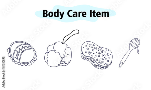A set of washcloths for bath and shower. Honey spoon for spa treatments. Body care. Vector illustration in linear design on a white background.