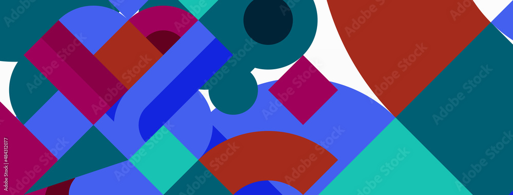 Circle and square geometric background. Round shapes with squares and triangles composition for wallpaper, banner, background or landing Circle and square geometric background. Round shapes with squares and triangles composition for wallpaper, banner, background or landing