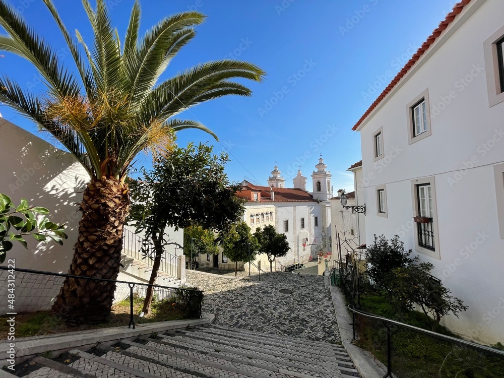 Alfama Lisboa district with narrow street and steps. Lisbon, Portugal