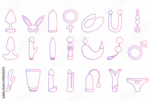 Vector set of sex toys icons. Sex shop icons set. Cute bright icons for an adult store.