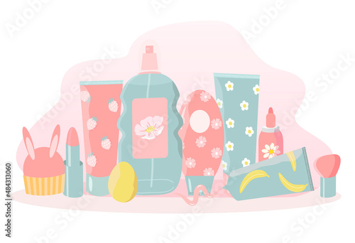 vector flat style illustration on the theme of cosmetics, skin care, make-up. A lot of cosmetics - lotions, creams, balms, lipstick, serum