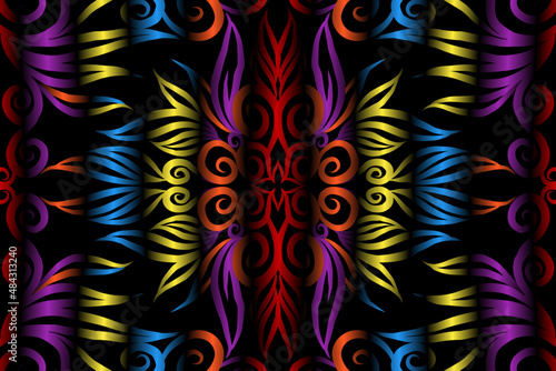 colourful caleidoscope classic gradient flower art pattern of traditional tenun batik ethnic dayak ornament for wallpaper ads background sticker or clothing
