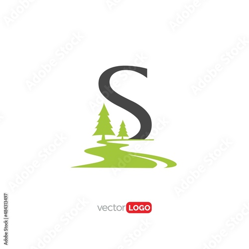 letter s with river and tree  nature landscape logo