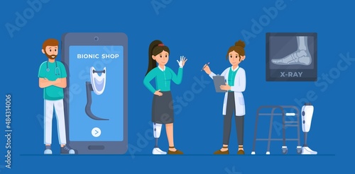 Vector illustration of amputation treatment. The concept of patients at a traumatologist's office. 