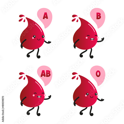 Set, collection of cute red blood drops characters with blood type labels, speech bubbles, icons for blood donation, medical and healthcare design.
