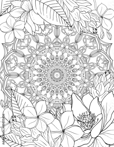 Adult coloring page. Mandala in the center and beautiful tropical flowers and Lotus. Doodle coloring page in outline.