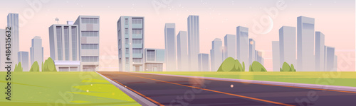 Empty highway road to city early morning landscape with skyscraper buildings under pink sky with crescent. Urban cityscape perspective view with green field, modern town, Cartoon vector illustration