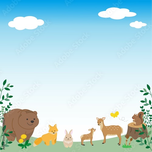 春の青空をイメージした森の動物の背景素材