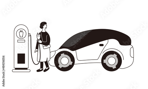 女性がステーションで電気自動車を充電しているイラスト