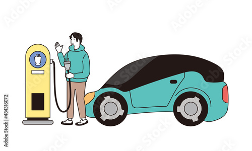 男性がステーションで電気自動車を充電しているイラスト