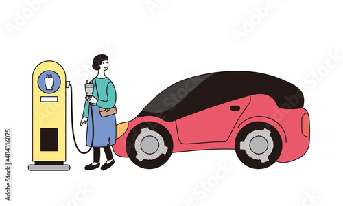 女性がステーションで電気自動車を充電しているイラスト