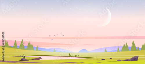 Meadow with green grass, pond, conifers and hills on horizon at morning. Vector illustration of summer or spring landscape of field with plants, lake, trees, flying birds and waxing moon in sky
