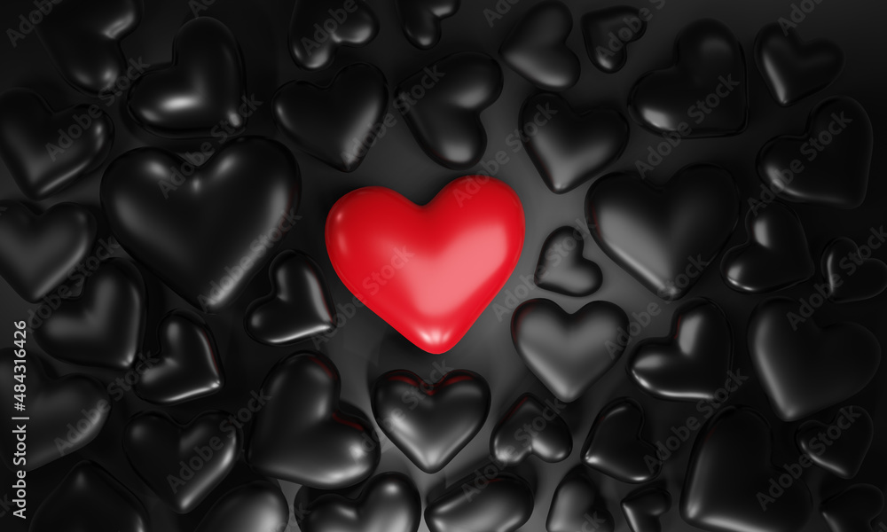 Red heart standing out from black heart background. Valentine Day theme, health, medicine and charity concept, 3d illustration Red heart standing out from black heart background. Valentine Day theme, health, medicine and charity concept, 3d illustration