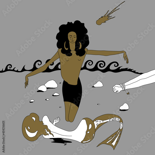 Fantastic art with wounded mermaid, pretty girl and a comet. Female archetypes. Loss of virginity and turning into a woman.