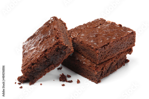 Delicious chocolate brownies on white background. Tasty dessert