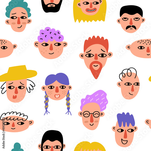 Bright seamless pattern with hand drawn different characters face isolated on white background. Trendy funny cartoon heads. Colorful people avatar. Vector illustration	