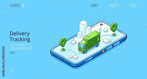 Delivery tracking banner. Online service for track cargo shipment and freight transportation. Vector landing page with isometric mobile phone with map application and truck