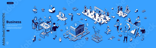 Business banner. Concept of efficient strategy, teamwork, analysis, management and finance of company. Vector landing page with isometric people work with laptop and together in office
