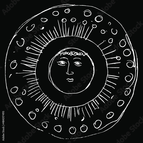 Round solar decor or mandala. Stylized anthropomorphic funny sun with human face. Ancient Russian folk motif. Hand drawn linear doodle sketch. White silhouette on black background.