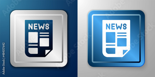 White News icon isolated on blue and grey background. Newspaper sign. Mass media symbol. Silver and blue square button. Vector