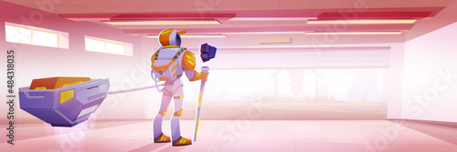 Astronaut in hangar on alien planet surface with drilling rig. Vector cartoon fantasy illustration of cosmos investigation with garage interior with cosmonaut in suit and derrick with auger outside